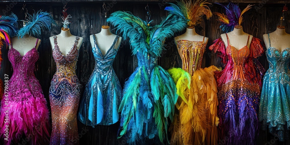 Fototapeta premium Mannequins display vibrant, feathered costumes against a dark backdrop. The dresses are ornate, featuring sequins, feathers, and colorful fabrics. 