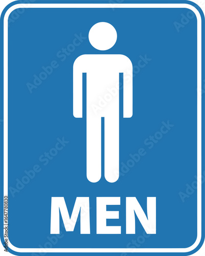 Blue mens restroom sign with male symbol isolated on white background, indicating the location of the public toilet facility