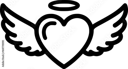 Heart with Wings and Halo Black Vector Outline
