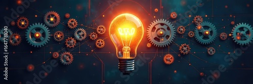 A light bulb illuminates a complex network of interconnected gears, representing the culmination of brainstorming and innovative thought processes , lightbulb, strategy, invention