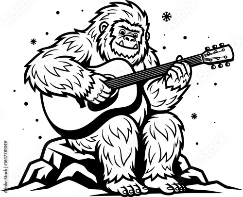 Yeti Playing Guitar Black and White Vector Illustration
