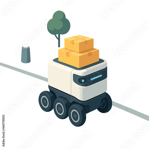 A futuristic six-wheeled autonomous delivery robot carrying stacked cardboard boxes.