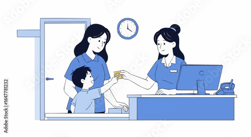 Friendly receptionist assisting a woman and her young son at a medical office counter. Patient registration and healthcare service concept illustration.
