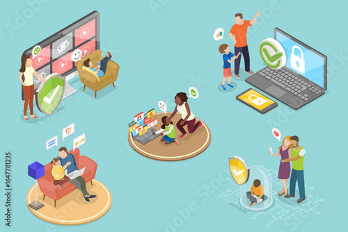 3D Isometric Flat Vector Illustration of Internet Cyber Safety, Parental Control