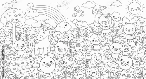 Whimsical Black and White Doodle Scene with Unicorn and Cute Characters