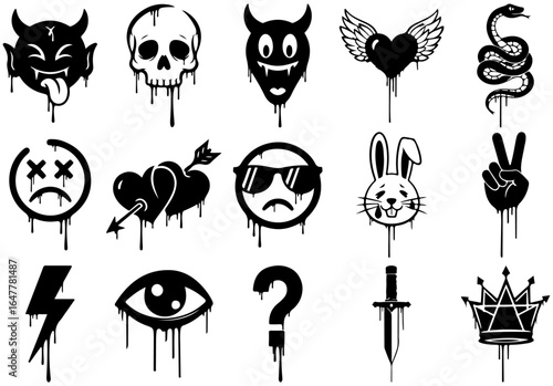Drip-style graffiti tattoo design elements collection with various symbols like devil, skull, heart, snake, bunny, peace sign, lightning bolt, eye, question mark, dagger and crown. vector illustration