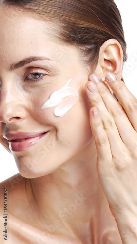 Caucasian woman gently applying face cream, isolated on white background
