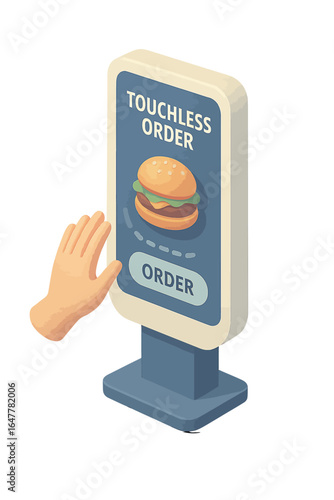 Isometric touchless ordering kiosk with hand gesture control for fast food, showing a hamburger on screen.