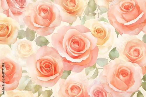 Soft Peach and Cream Watercolor Roses: Romantic Floral Seamless Pattern Background