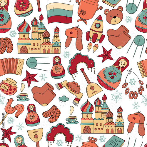 Russia and russian culture doodle seamless pattern for wallpapers, backgrounds, stationery, wrapping paper, digital papers, prints etc. EPS 10