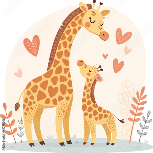 Giraffe Parent and Calf Cuddle | Cute Flat Cartoon Vector Nursery Art