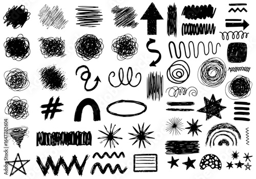 Diverse collection of doodle elements, including scribbles, arrows, stars, lines and various abstract shapes with decorative design components for grunge style. vector illustration	