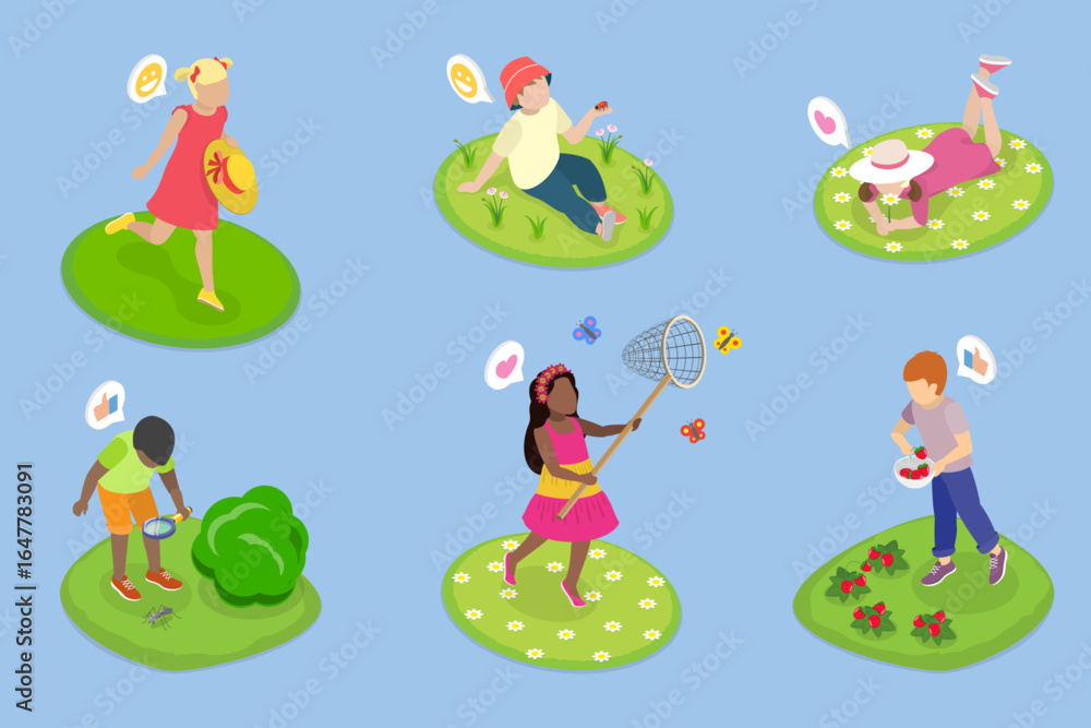 3D Isometric Flat Vector Illustration of Happy Children Havin Fun, Activities For Kids In Springtime 3D Isometric Flat Vector Illustration of Happy Children Havin Fun, Activities For Kids In Springtime