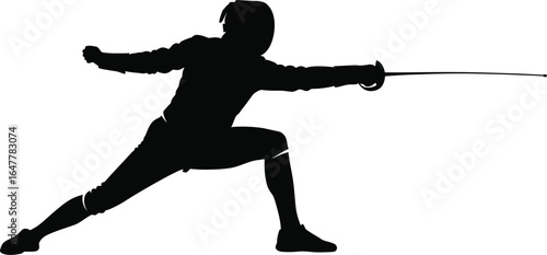 Silhouette of a fencer in action, demonstrating the sports agility and skill isolated on white background