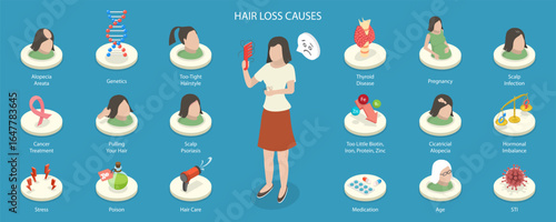 3D Isometric Flat Vector Illustration of Causes of baldness, Hair Loss