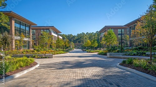 Modern office campus walkway, sunny day