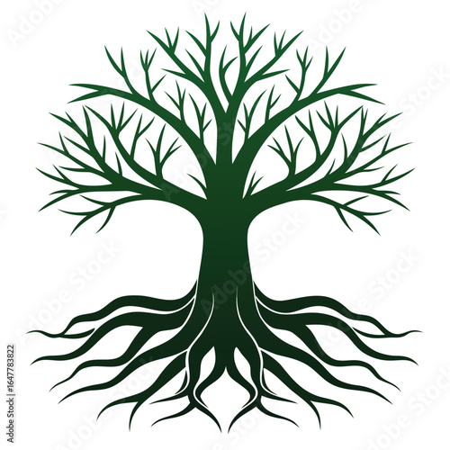 A vibrant green tree with detailed roots and a striking black silhouette vector design
