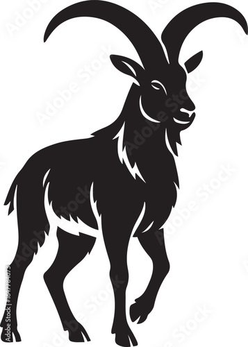 Walking ibex silhouette with large curved horns, Mountain goat wildlife vector illustration