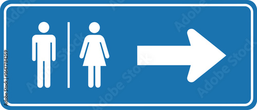 Blue restroom sign isolated on white background with male and female symbols and an arrow pointing to the right, indicating the direction of the facilities