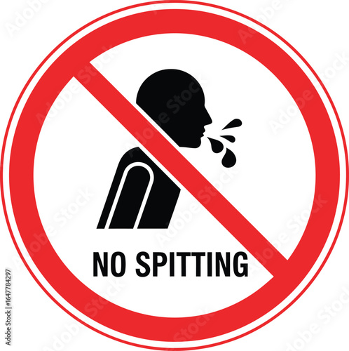 No spitting sign isolated on white background, a red circle with a diagonal line through a black silhouette of a person spitting, indicating prohibition