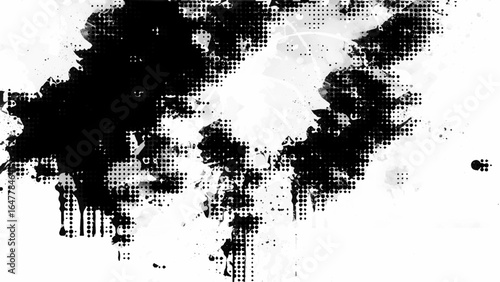 Minimalist black and white grunge texture background with halftone, rough brush strokes, abstract ink splashes, vintage film dust, distressed paint stains, and modern artistic border frame