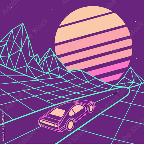Retro futuristic scene with car on grid road mountains and sunset in a purple color scheme design