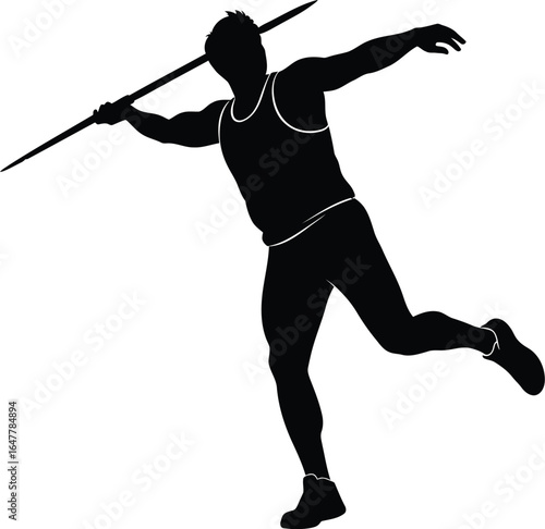 Silhouette of a male athlete throwing a javelin, isolated on white background, showcasing power and skill