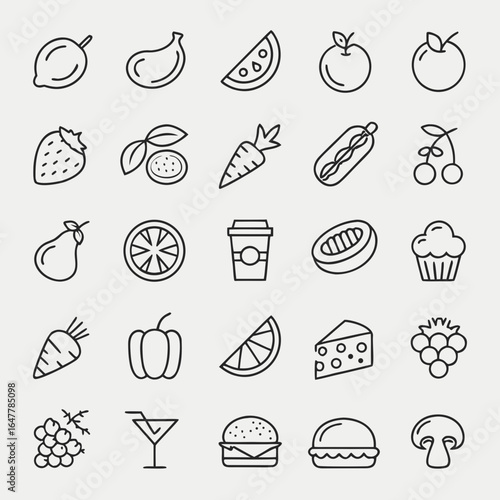 A collection of outlined icons showing various food and drink items arranged in a rectangular grid format