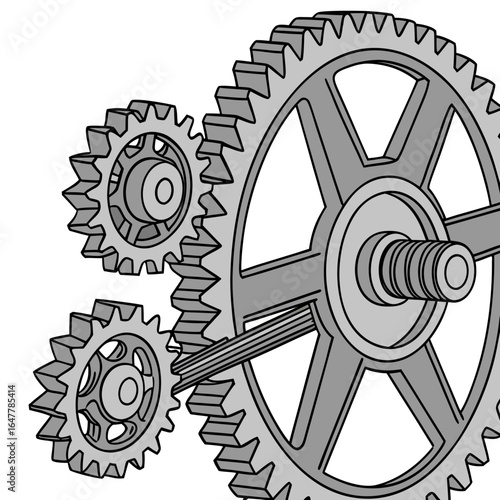 Illustration showing three interlocking gears with a shaft and gray shading on a white background