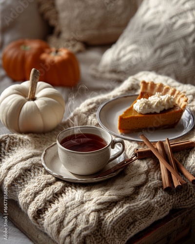 Autumn dessert moments with a cozy autumn scene with pumpkin pie, a cozy autumn scene warm tea, and a cozy autumn scene blanket and spices with  pumpkin pie time.