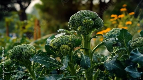 Wallpaper Mural Lush green broccoli heads thriving in a vibrant garden setting, surrounded by colorful flowers and greenery, showcasing a serene and productive agricultural environment Torontodigital.ca