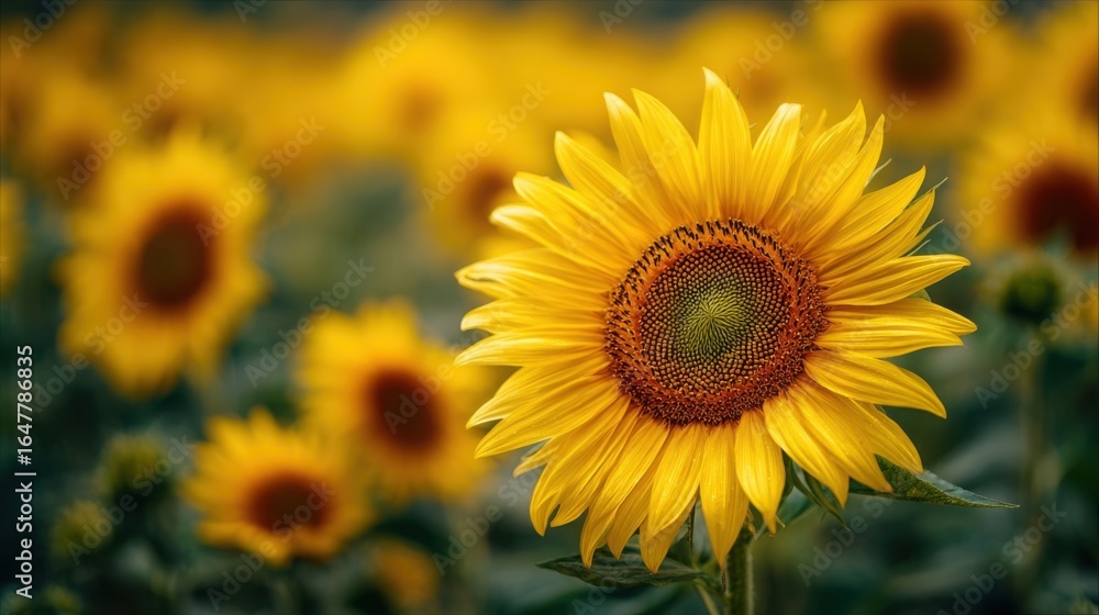 Obraz premium Vibrant sunflower blooms in a sunlit field under a softly blurred sky