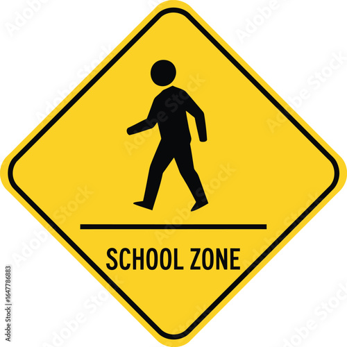 School zone sign isolated on white background, a yellow diamond sign warning drivers to be aware of children crossing the road in this area