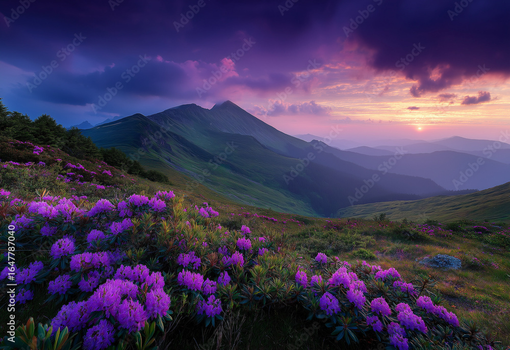 Fototapeta premium breathtaking sunrise over the Carpathian Mountains, with vibrant purple and red hues in the sky, illuminating a field of blooming rhododendrons on an alpine hillside