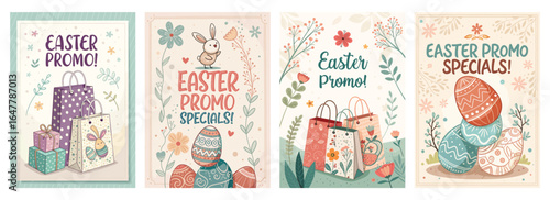 Colorful Easter promotional designs featuring decorated eggs, flowers, and gift bags.