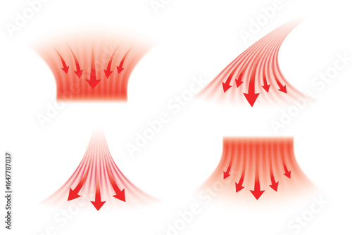 Set of hot airflow streams with arrow on white background. Illustration for air conditioning and heating systems.
