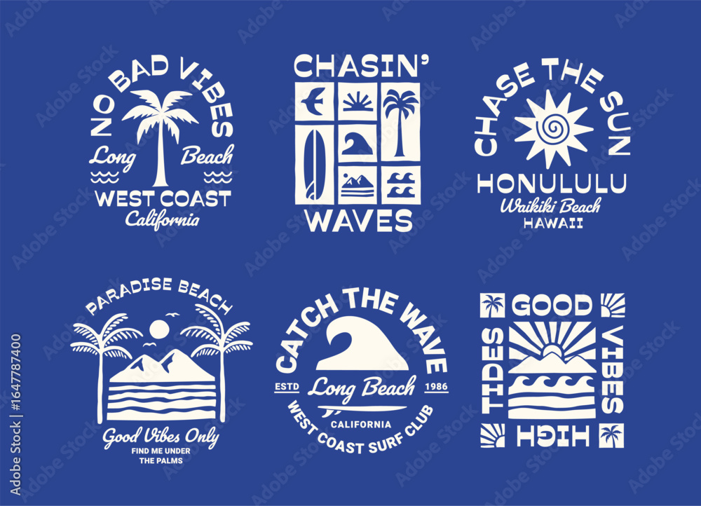 Summer and surf themed vector badge set with palm trees, waves, sun, surfboards, and tropical typography. Perfect for summer, vacation, and coastal lifestyle designs.