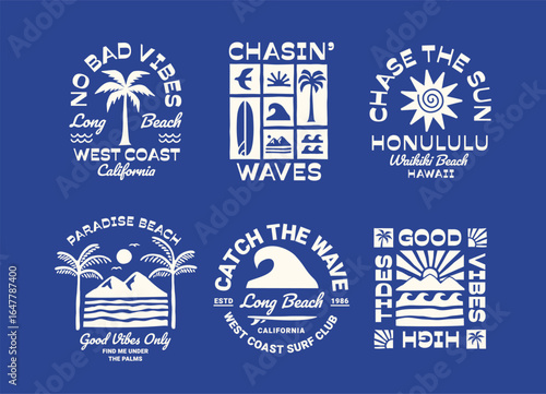 Summer and surf themed vector badge set with palm trees, waves, sun, surfboards, and tropical typography. Perfect for summer, vacation, and coastal lifestyle designs.