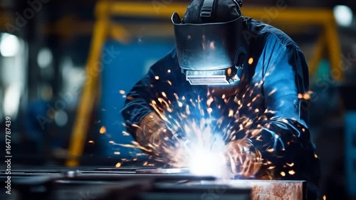A skilled welder wearing protective gear focuses on a bright arc of welding in a busy industrial workshop, with sparks flying and machinery in the background