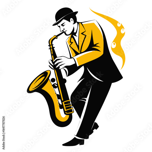 Jazz Musician Playing Saxophone - Stylized Vector Illustration of a Man in a Suit and Hat with a Saxophone, Expressing Musical Energy and Rhythm