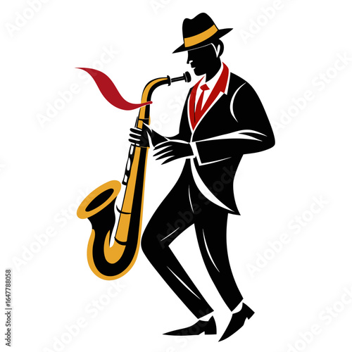 Silhouette of a jazz musician playing the saxophone, wearing a fedora and suit, with a red scarf accent, in a dynamic pose, perfect for music events and jazz clubs.