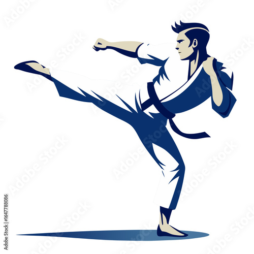 Karate fighter performing a dynamic side kick, captured in a stylized, graphic illustration with bold blue and white colors, symbolizing martial arts discipline and power.