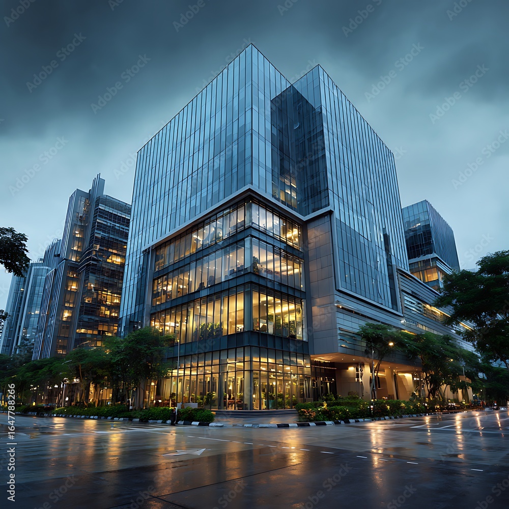 Obraz premium Awesome photo of awesome photo of awesome photo of view of a modern city office building with large windows.