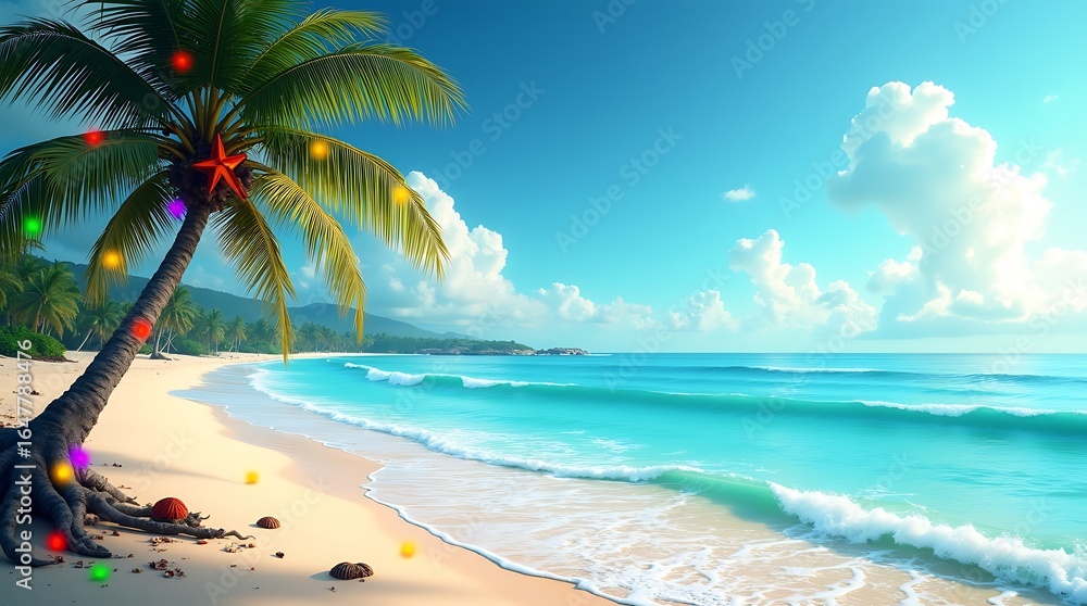 Fototapeta premium Tropical paradise beach with palm tree and turquoise ocean