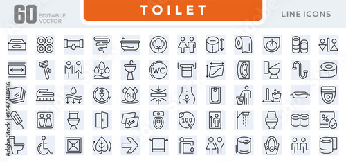 Toilet line icon set. Toilet, food court, elevator, exit door, standing, sitting, squatting. Hygiene, bidets, urinals, showers, bath, rest line icon set. Ui thin line icon pack.