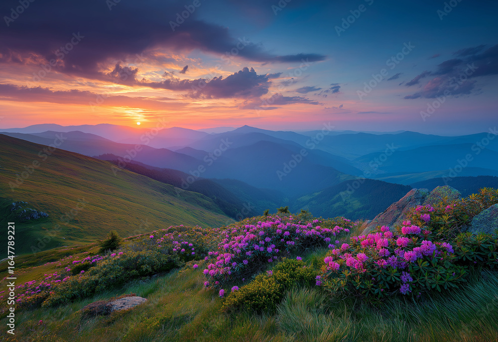 Obraz premium breathtaking sunrise over the Carpathian Mountains, with vibrant purple and red hues in the sky, illuminating a field of blooming rhododendrons on an alpine hillside