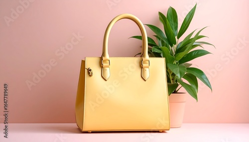 Pastel yellow handbag displayed on soft pink background with green plant creating stylish minimal fashion accessory scene for modern product presentation.

