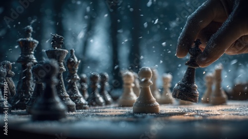 Intense chess match under a mystical snowy forest canopy