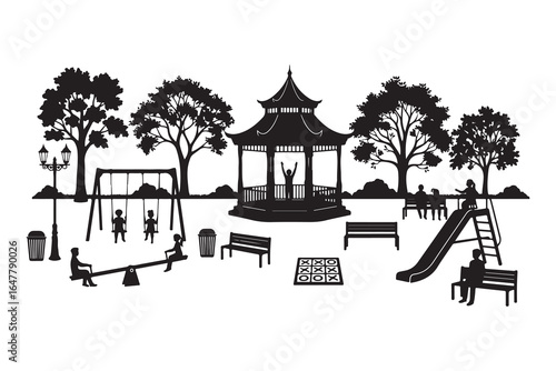 Traditional Asian temple with an ornate roof and lush garden, next to a playground with swings in the park