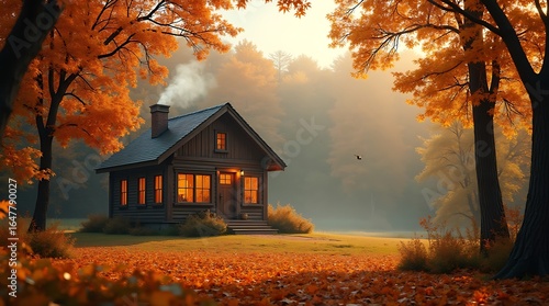 Cozy cabin in autumn forest with warmly lit windows